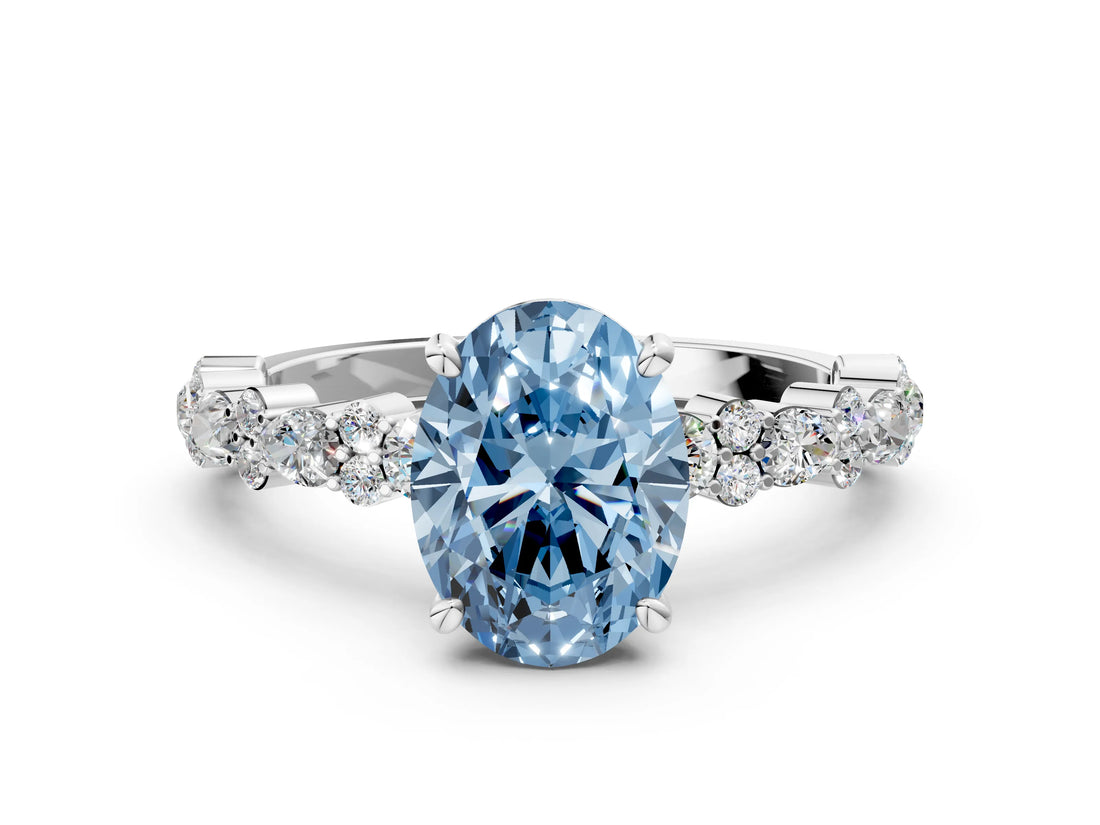 White gold Fancy Blue Oval Cut Diamond Side Stone Solitaire Ring with Round  and Four-Prong Setting_12
