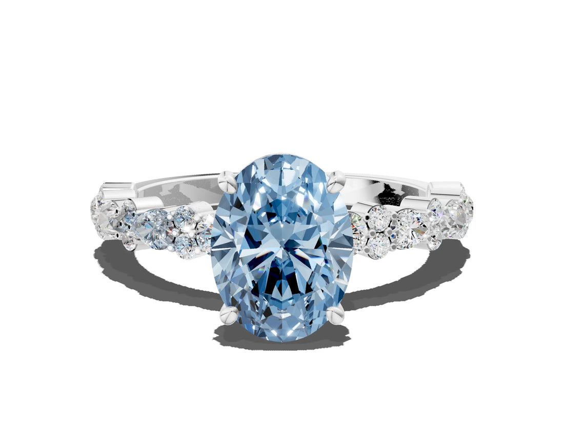 White gold Fancy Blue Oval Cut Diamond Side Stone Solitaire Ring with Round  and Four-Prong Setting_156