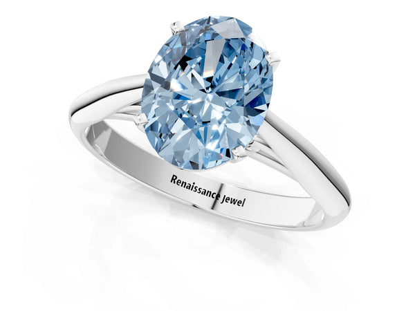 Platinum Fancy Blue Oval Cut Diamond Solitaire Engagement Ring with Cathedral Setting and Four-Prong Mount