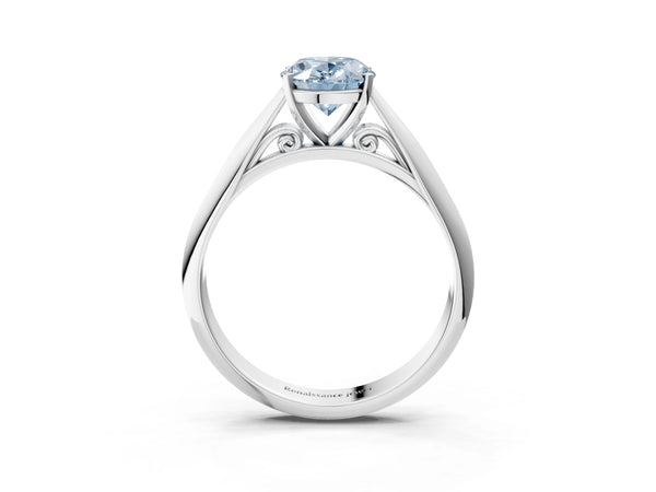 Platinum Fancy Blue Oval Cut Diamond Solitaire Engagement Ring with Cathedral Setting and Four-Prong Mount