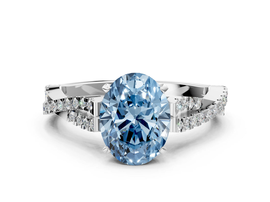 White gold Fancy Blue Oval Cut Diamond Solitaire Engagement Ring with Twisted Pavé Band and Four-Prong Setting_92