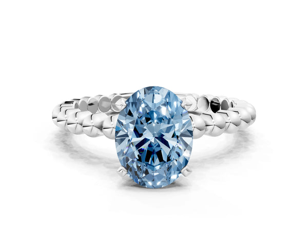 White gold Fancy Blue Oval Cut Diamond Solitaire Ring with Beaded Band and Prong Setting