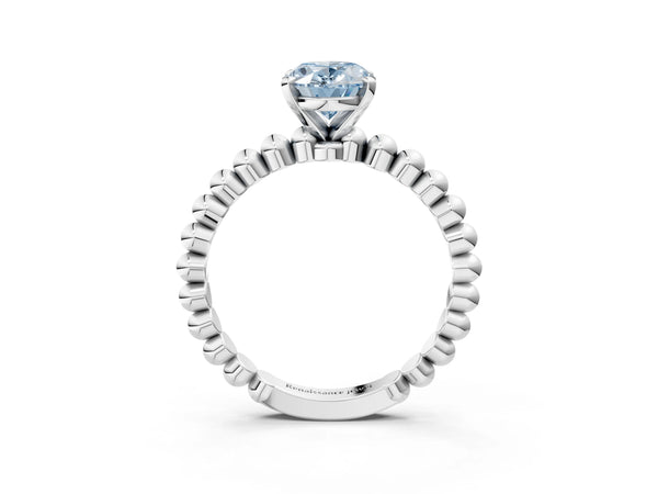 White gold Fancy Blue Oval Cut Diamond Solitaire Ring with Beaded Band and Prong Setting