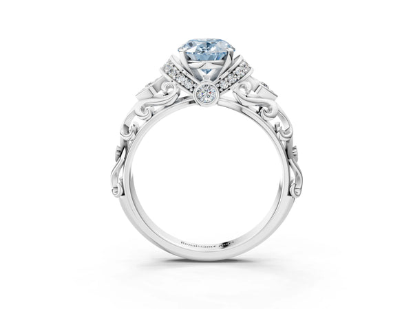 Platinum Fancy Blue Oval Cut Diamond Solitaire Ring with Filigree Band and Four-Prong Setting