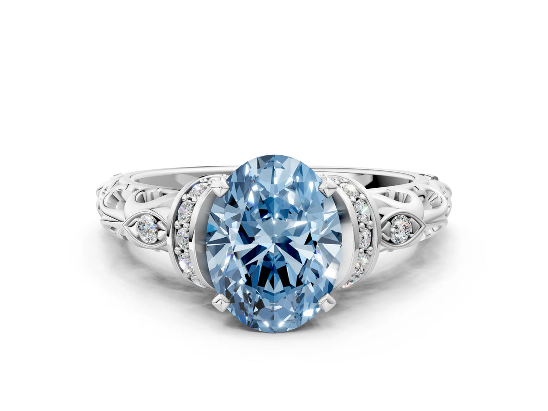 White gold Fancy Blue Oval Cut Diamond Solitaire Ring with Filigree Band and Four-Prong Setting_81