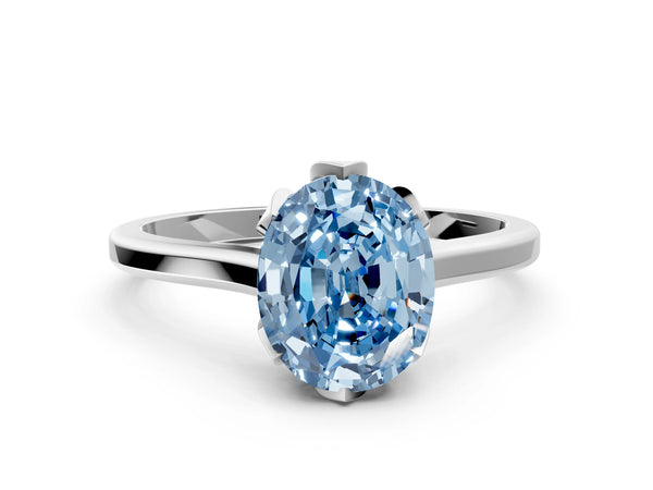 White gold Fancy Blue Oval Cut Diamond Solitaire Ring with Flower Prong Setting and Classic Band