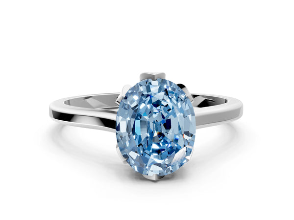 White gold Fancy Blue Oval Cut Diamond Solitaire Ring with Flower Prong Setting and Classic Band