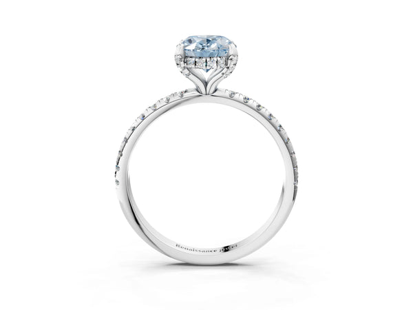 White gold Fancy Blue Oval Cut Diamond Solitaire Ring with Four-Prong Setting and Pavé Band