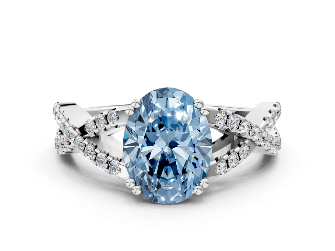 White gold Fancy Blue Oval Cut Diamond Solitaire Ring with Four-Prong Setting and Twisted Pavé Band_50