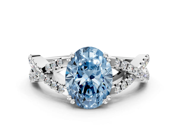 White gold Fancy Blue Oval Cut Diamond Solitaire Ring with Four-Prong Setting and Twisted Pavé Band
