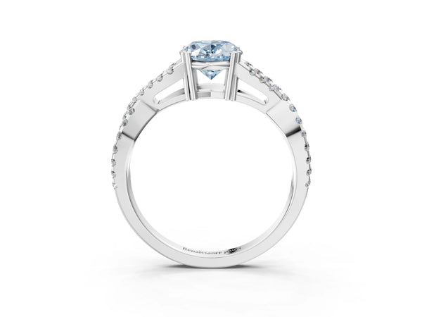 White gold Fancy Blue Oval Cut Diamond Solitaire Ring with Four-Prong Setting and Twisted Pavé Band