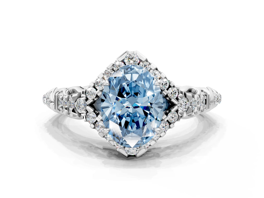 White gold Fancy Blue Oval Cut Diamond Solitaire Ring with Hidden Halo and Pavé Band_51
