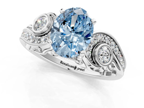 White gold Fancy Blue Oval Cut Diamond Solitaire Ring with Milgrain Pavé Band and Four-Prong Setting
