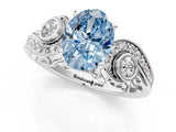 White gold Fancy Blue Oval Cut Diamond Solitaire Ring with Milgrain Pavé Band and Four-Prong Setting_250