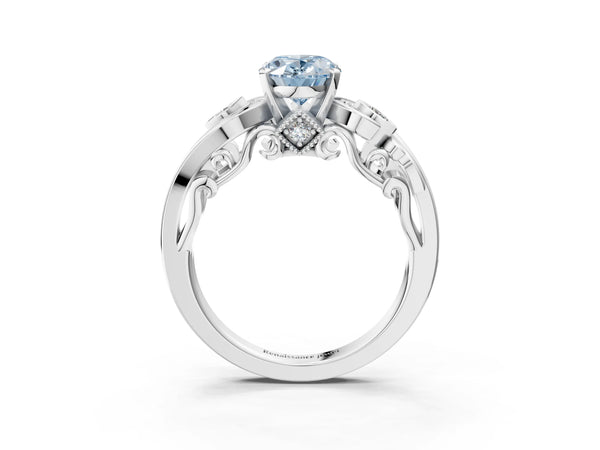 White gold Fancy Blue Oval Cut Diamond Solitaire Ring with Milgrain Pavé Band and Four-Prong Setting