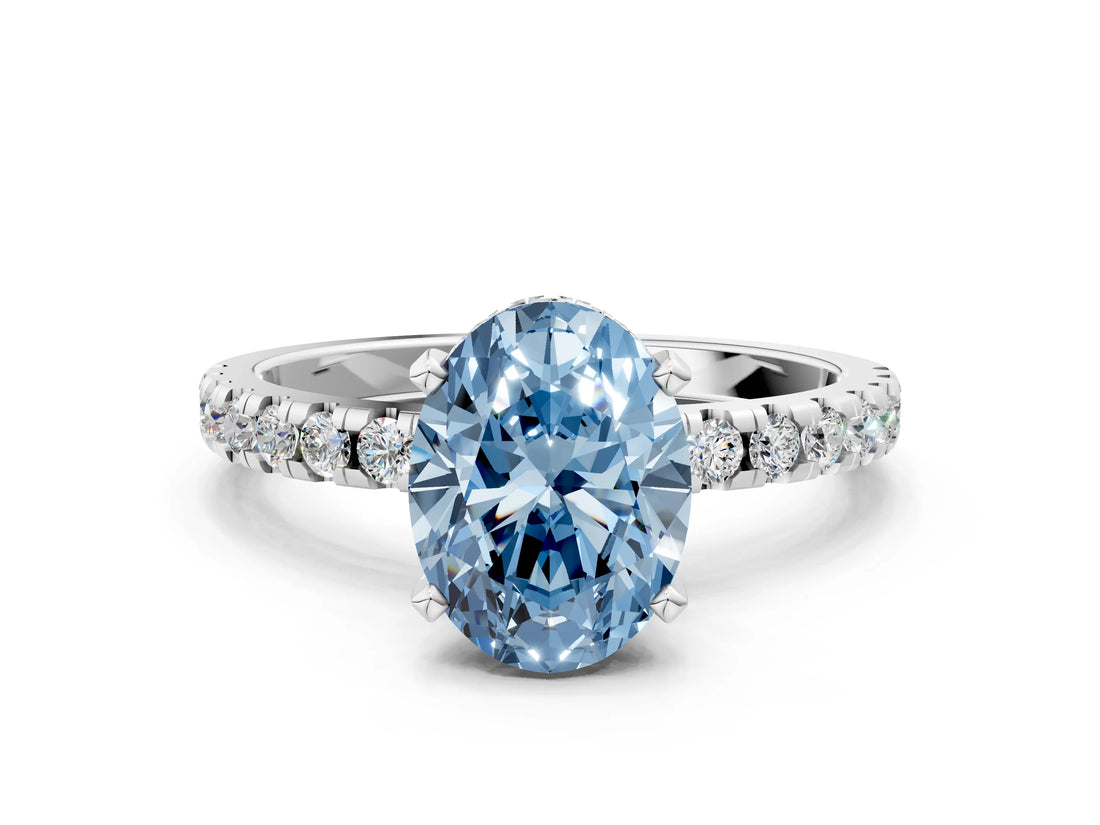 White gold Fancy Blue Oval Cut Diamond Solitaire Ring with Pavé Band and Four-Prong Setting_129