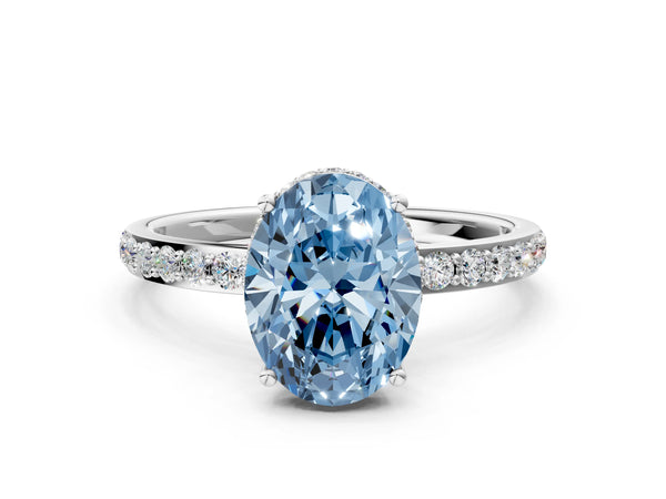 Platinum Fancy Blue Oval Cut Diamond Solitaire Ring with Pavé Band and Hidden Halo