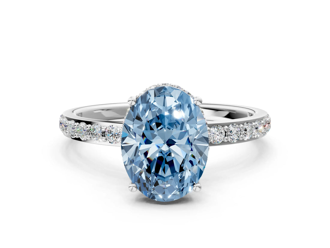White gold Fancy Blue Oval Cut Diamond Solitaire Ring with Pavé Band and Hidden Halo_32