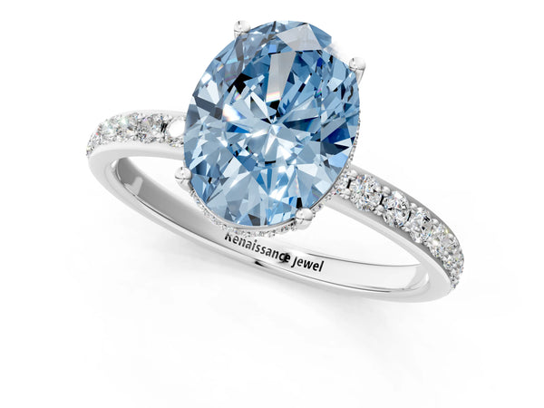 Platinum Fancy Blue Oval Cut Diamond Solitaire Ring with Pavé Band and Hidden Halo