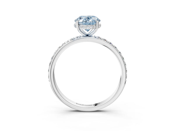 Platinum Fancy Blue Oval Cut Diamond Solitaire Ring with Pavé Band and Hidden Halo