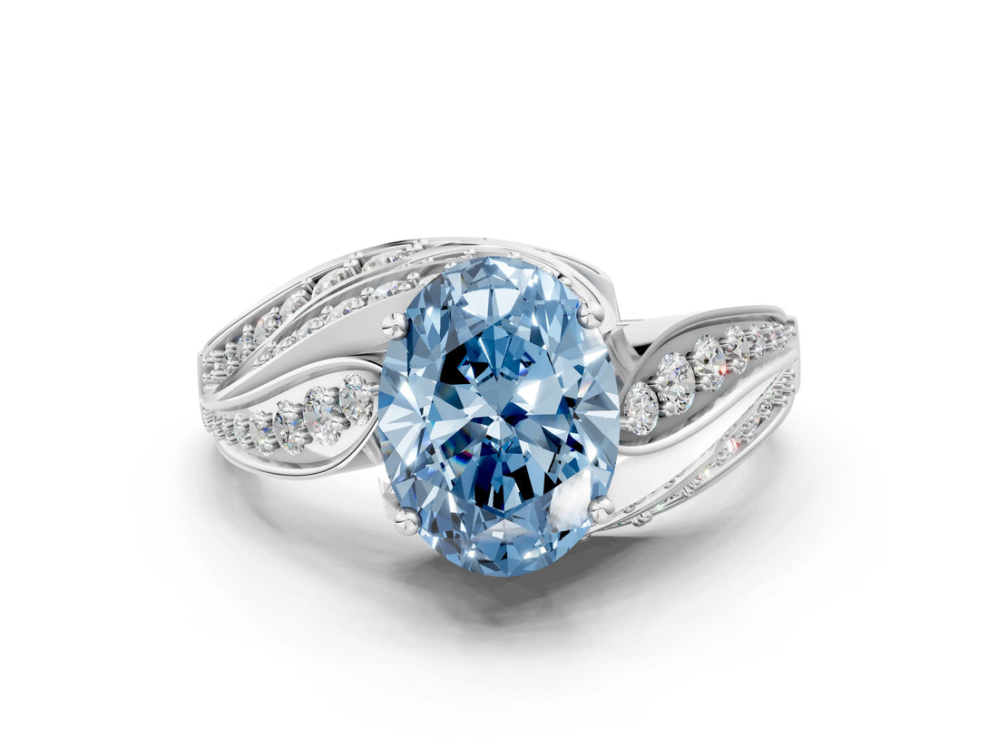 White gold Fancy Blue Oval Cut Diamond Solitaire Ring with Prong Setting and Twisted Pavé Band_24