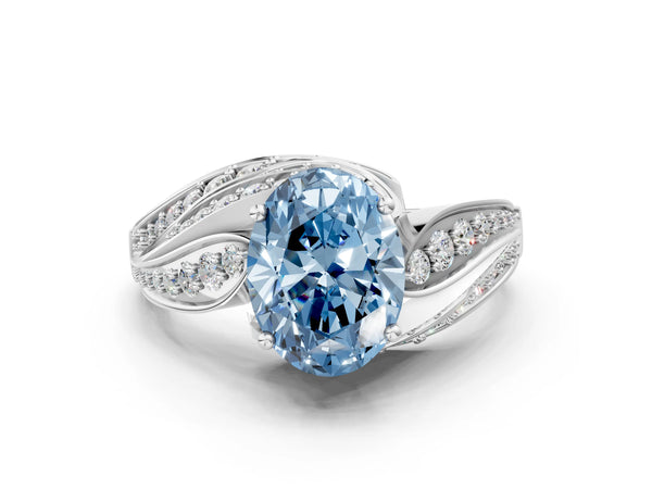 White Gold Oval Graduated Pave Bypass Engagement Ring Setting for Fancy Blue Center
