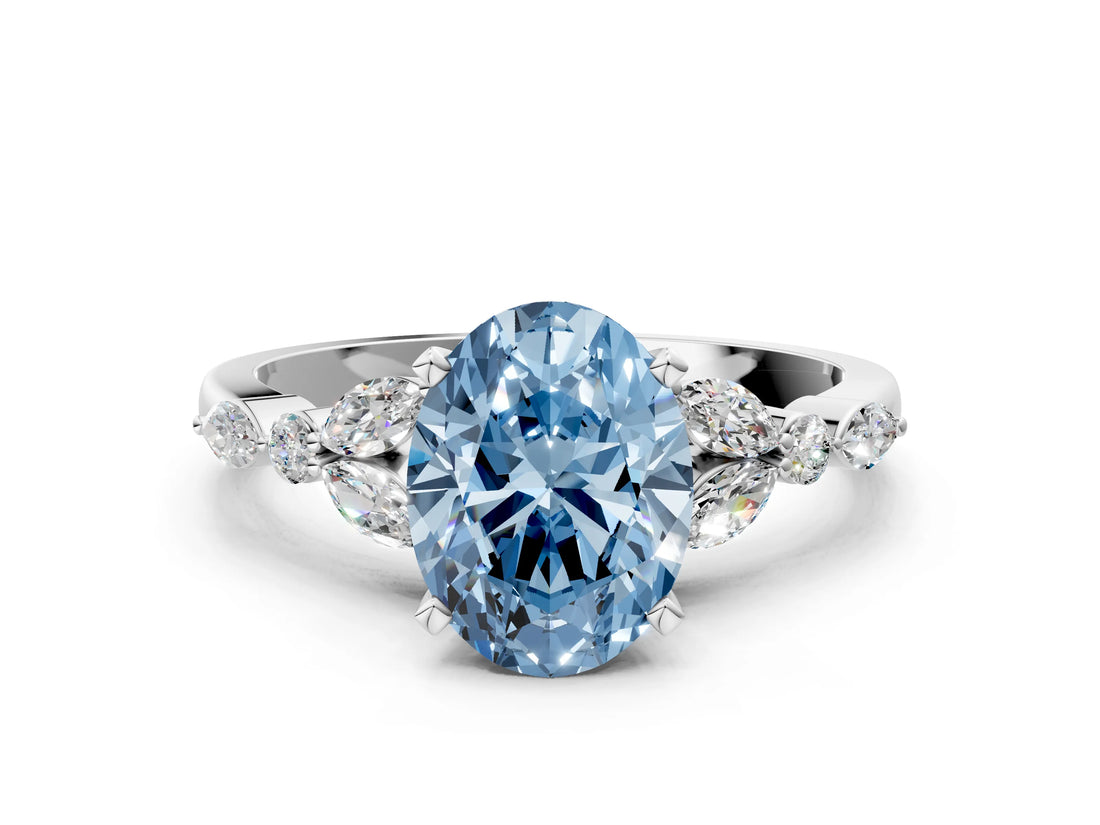 White gold Fancy Blue Oval Cut Diamond Solitaire Ring with Side Stones and Four-Prong Setting_125