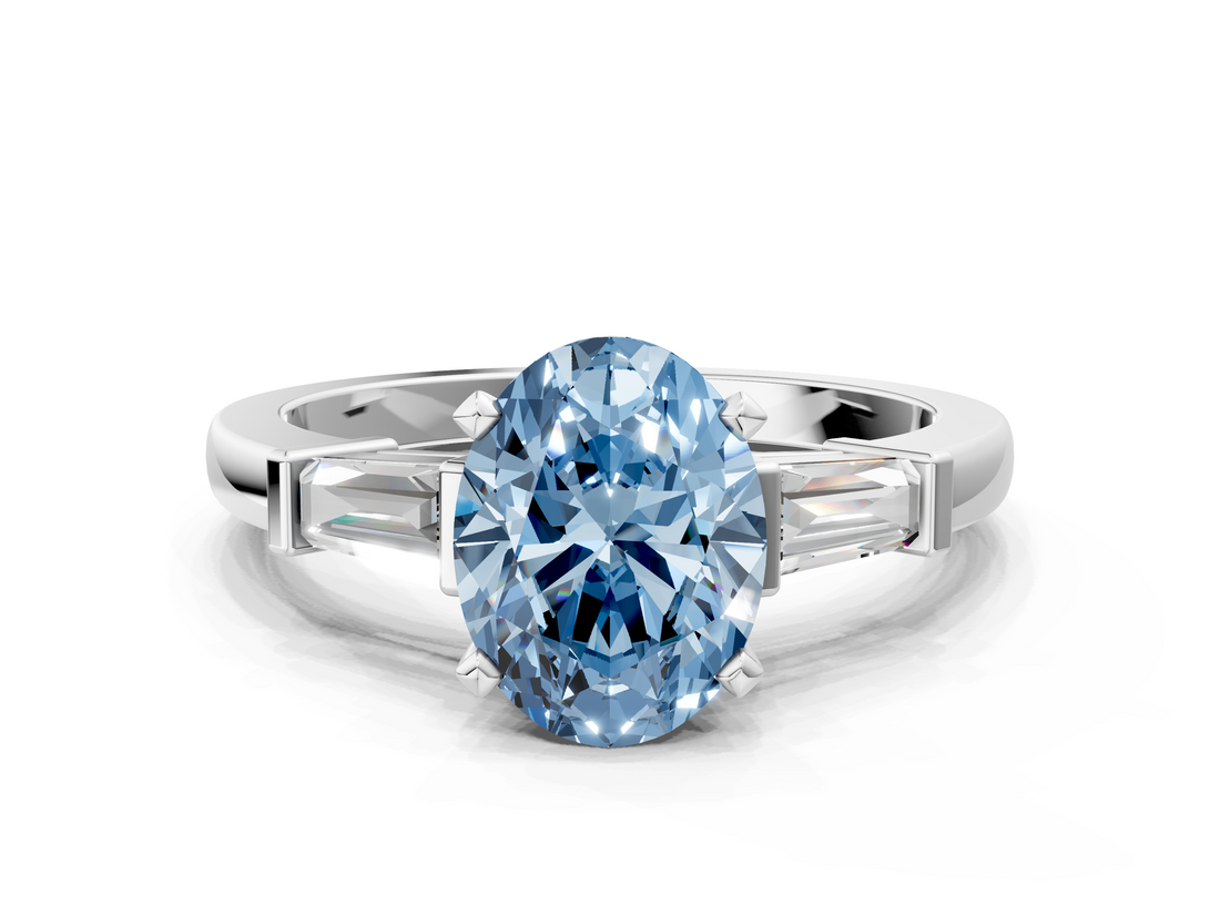 White gold Fancy Blue Oval  Cut Diamond Solitaire Ring with Tapered Baguette Accents and Four-Prong Setting_76