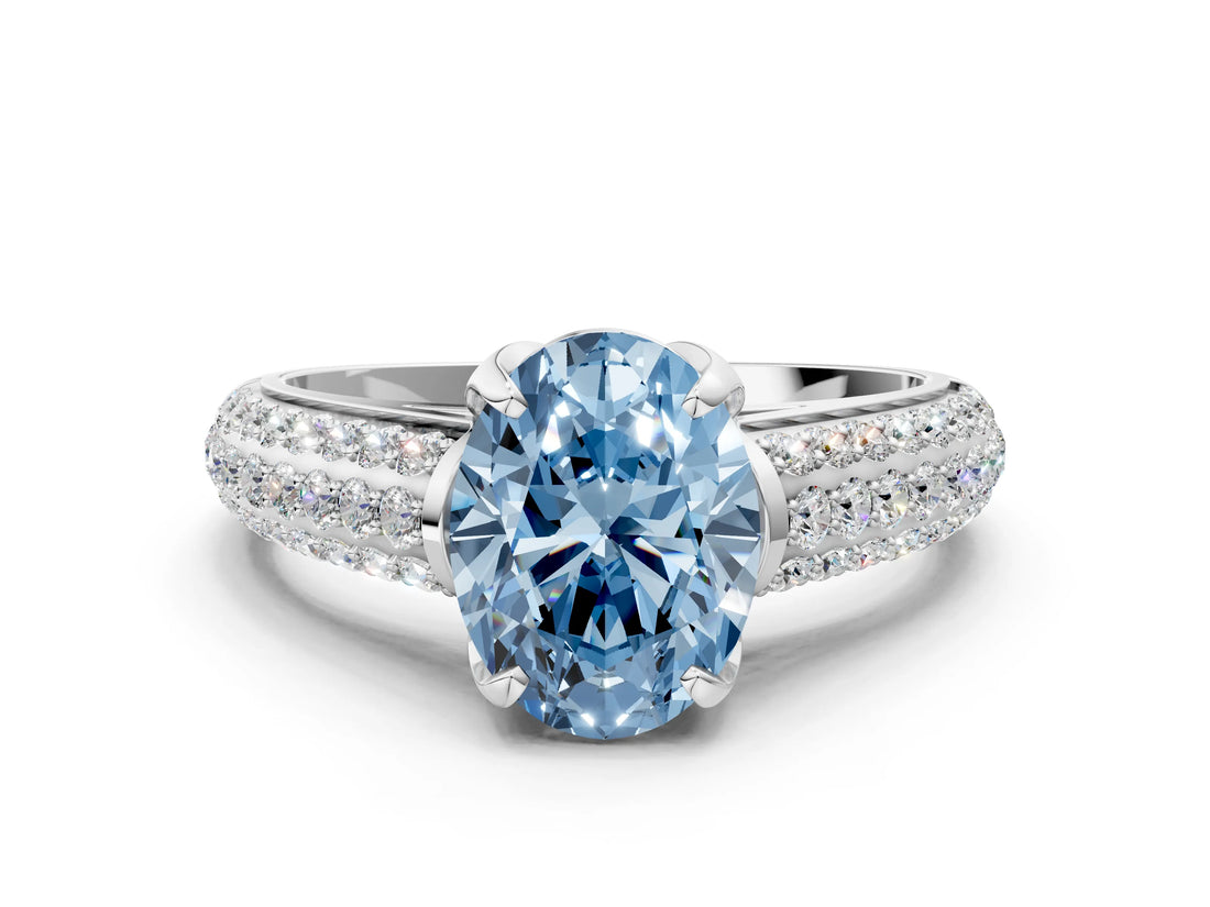 White gold Fancy Blue Oval Cut Diamond Solitaire Ring with Three-Row Pavé Band and Four-Prong Setting_49