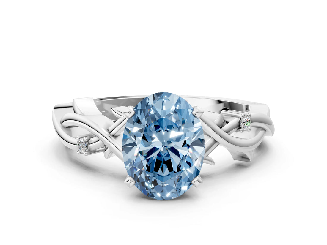 White gold Fancy Blue Oval Cut Diamond Solitaire Ring with Twisted Band and Prong Setting_319