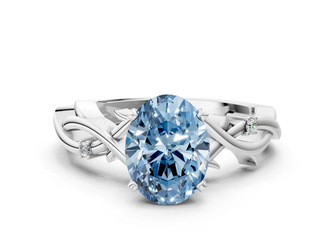 White gold Fancy Blue Oval Cut Diamond Solitaire Ring with Twisted Band and Prong Setting_320