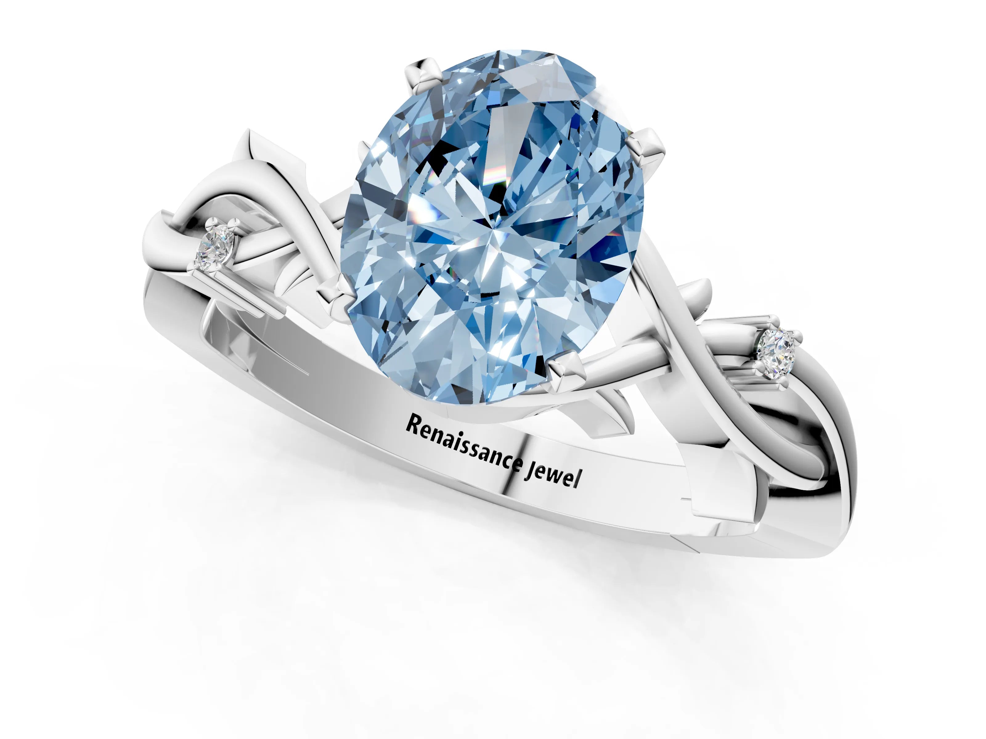 White gold Fancy Blue Oval Cut Diamond Solitaire Ring with Twisted Band and Prong Setting_321