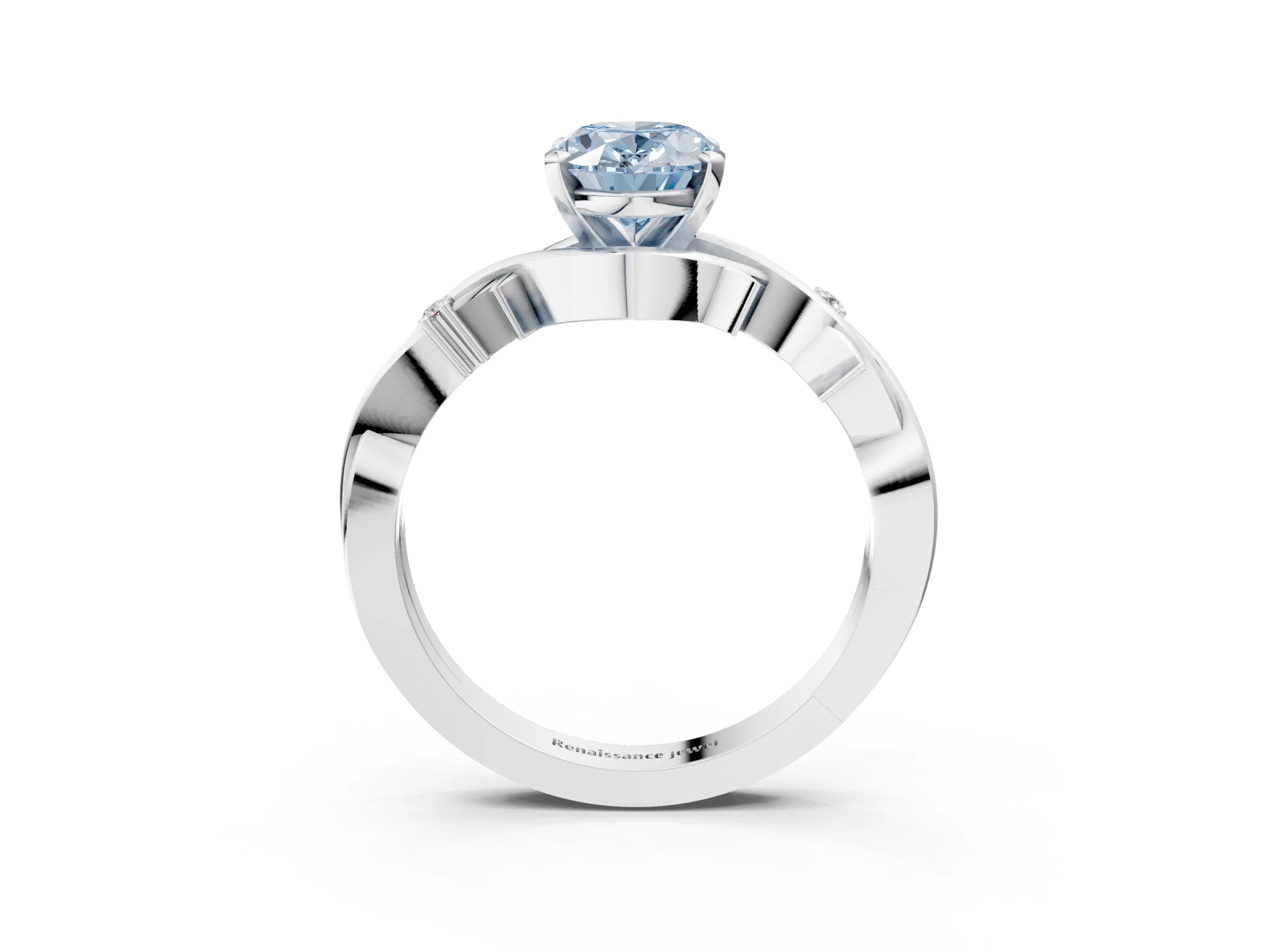 White gold Fancy Blue Oval Cut Diamond Solitaire Ring with Twisted Band and Prong Setting_322
