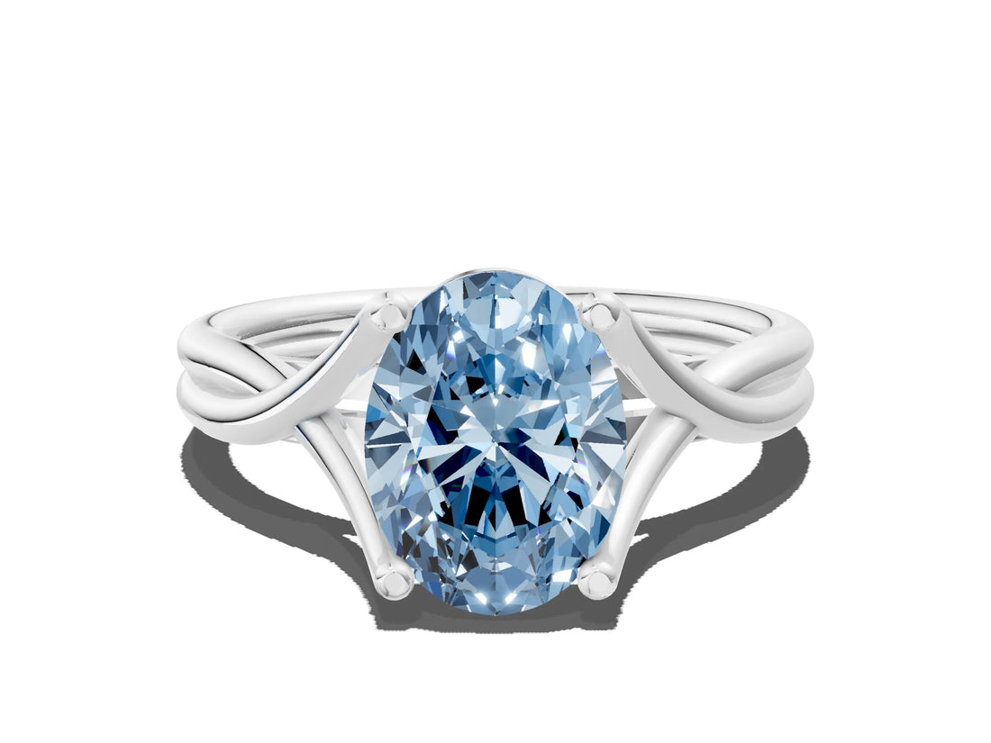 White gold Fancy Blue Oval Cut Diamond Solitaire Twist Band Prong Setting Ring_91