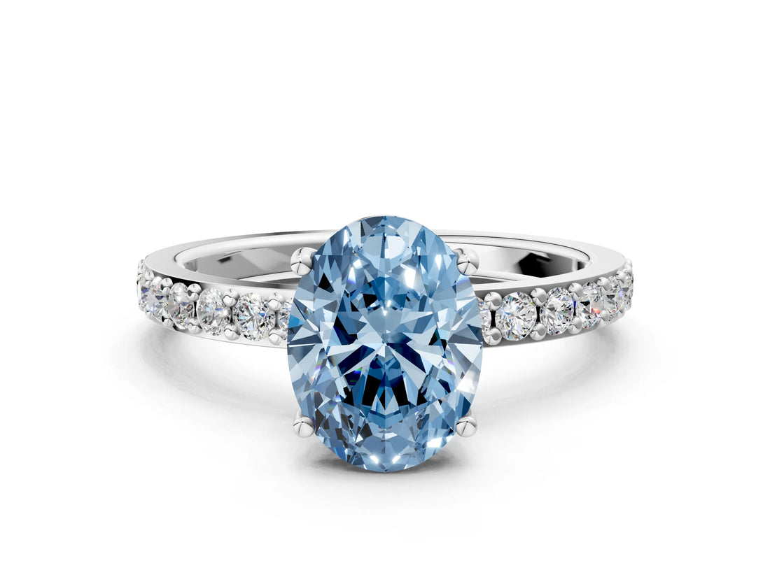 White gold Fancy Blue Oval  Cut Diamond Solitaire with Pave Band and Four-Prong Setting 3