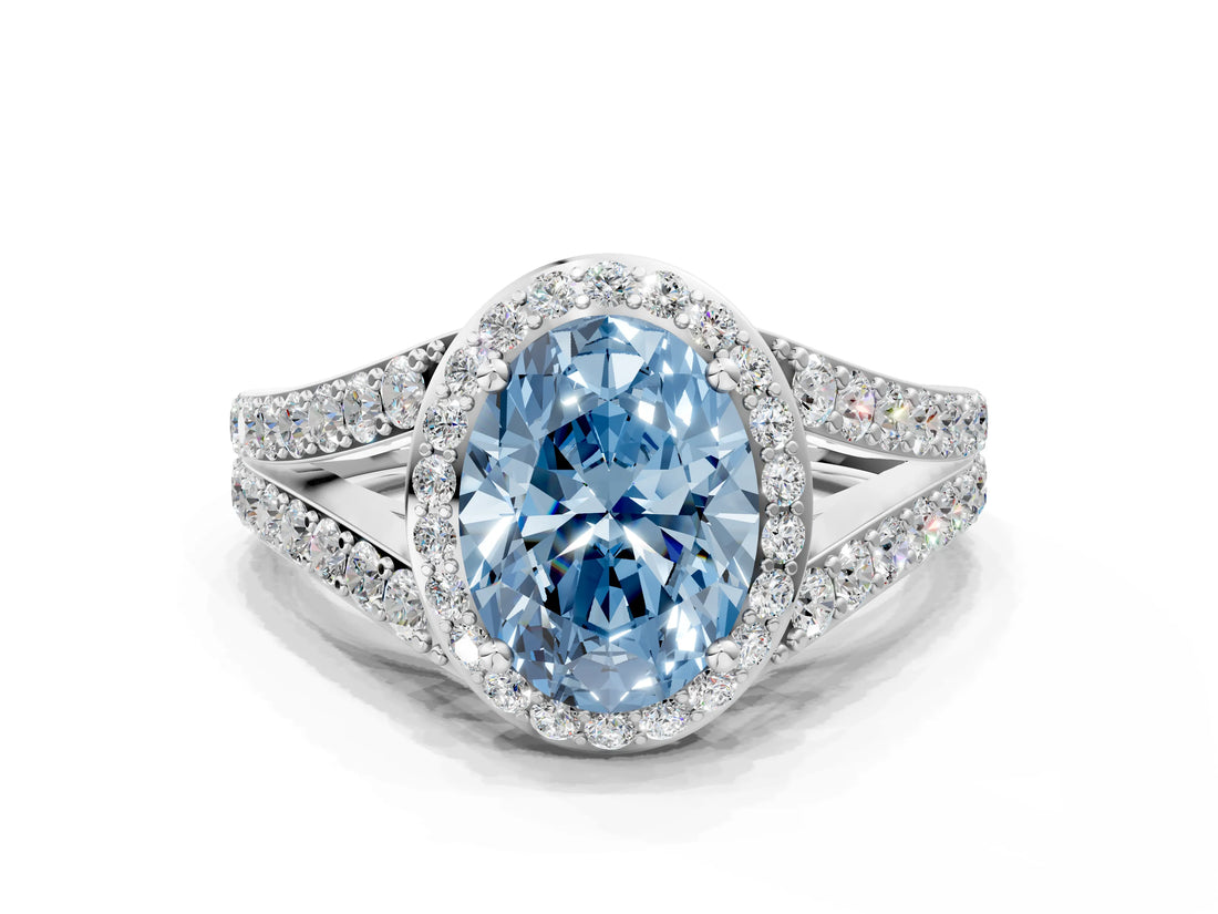 White gold Fancy Blue Oval Cut Diamond Split Shank Halo Ring with Four-Prong Setting_69