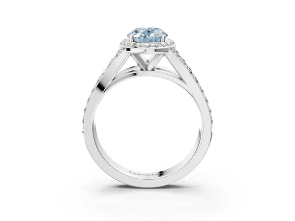 Platinum Oval Halo Engagement Ring Setting for Fancy Blue Center with Narrow Pave Split Shank