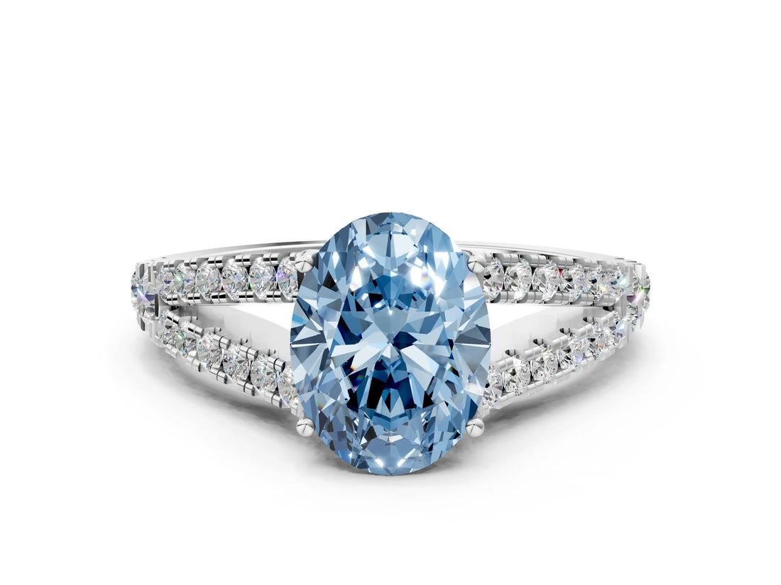 White gold Fancy Blue Oval Cut Diamond Split Shank Pavé Engagement Ring with Four-Prong Setting_93