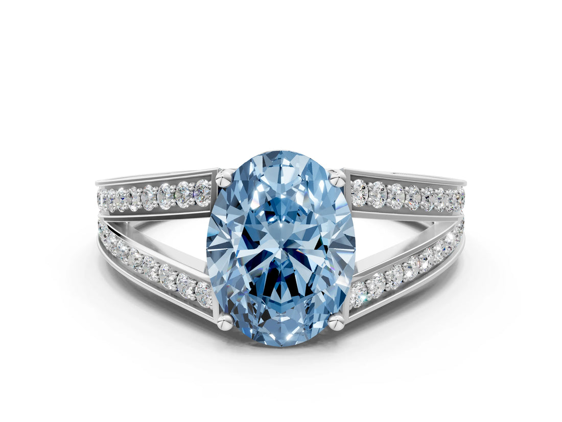 White gold Fancy Blue Oval Cut Diamond Split Shank Ring with Pavé Band and Four-Prong Setting_45