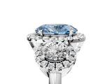 White gold Fancy Blue Oval Cut Diamond Three-Stone Halo Ring with Prong Setting and Pavé Accents_5