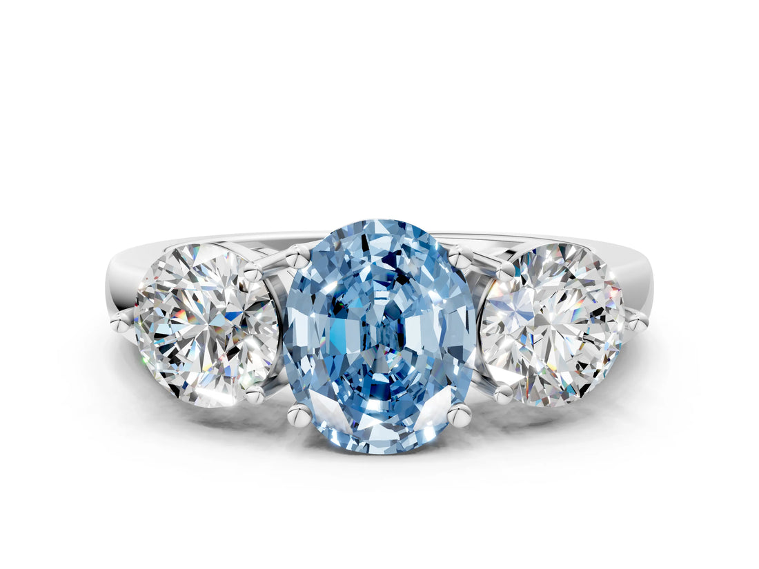 White gold Fancy Blue Oval Cut Diamond Three-Stone Ring with Prong Setting and Classic Band_123
