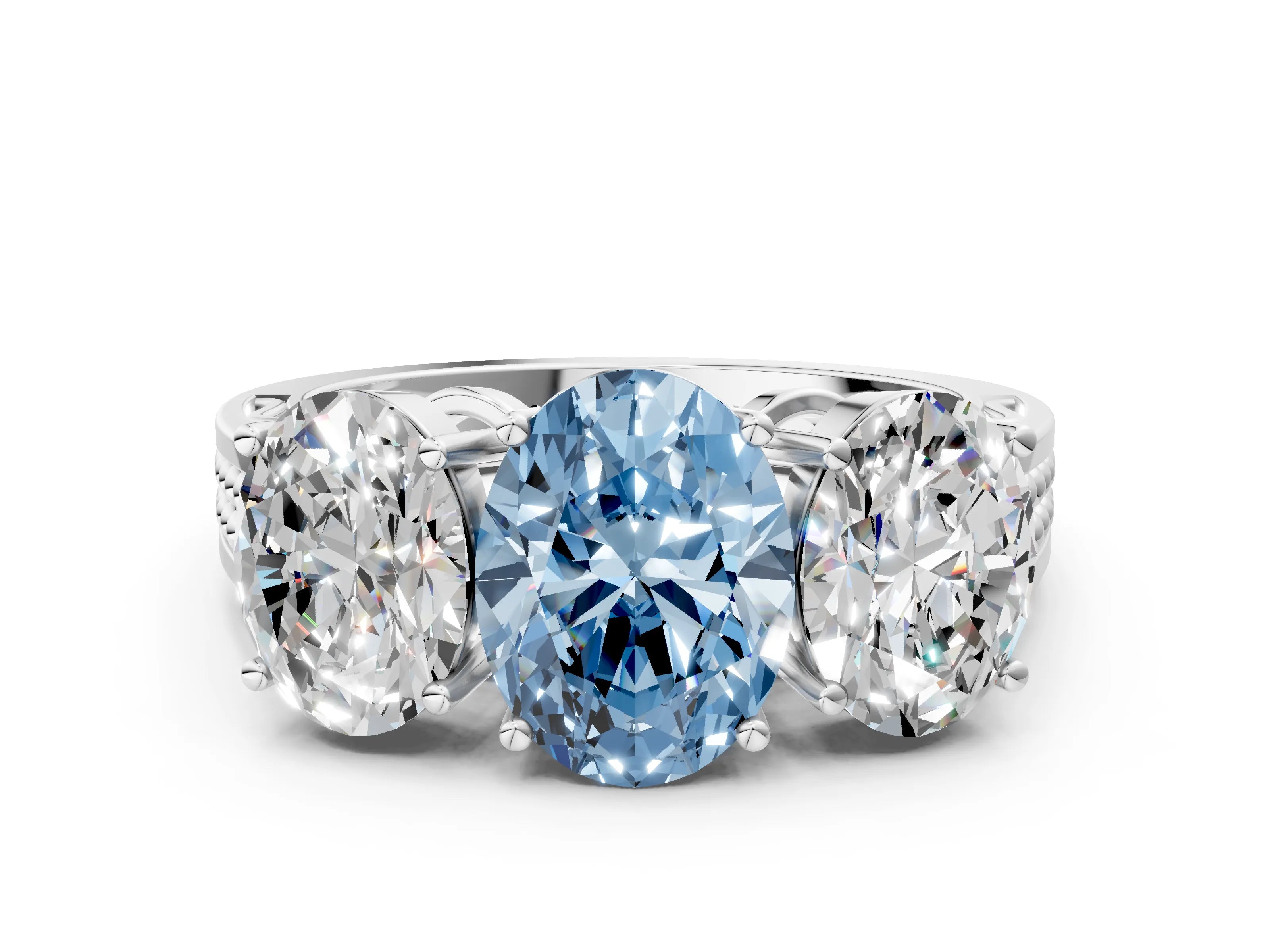 White gold Fancy Blue Oval Cut Diamond Three-Stone Ring with Prong Setting and Textured Band_12