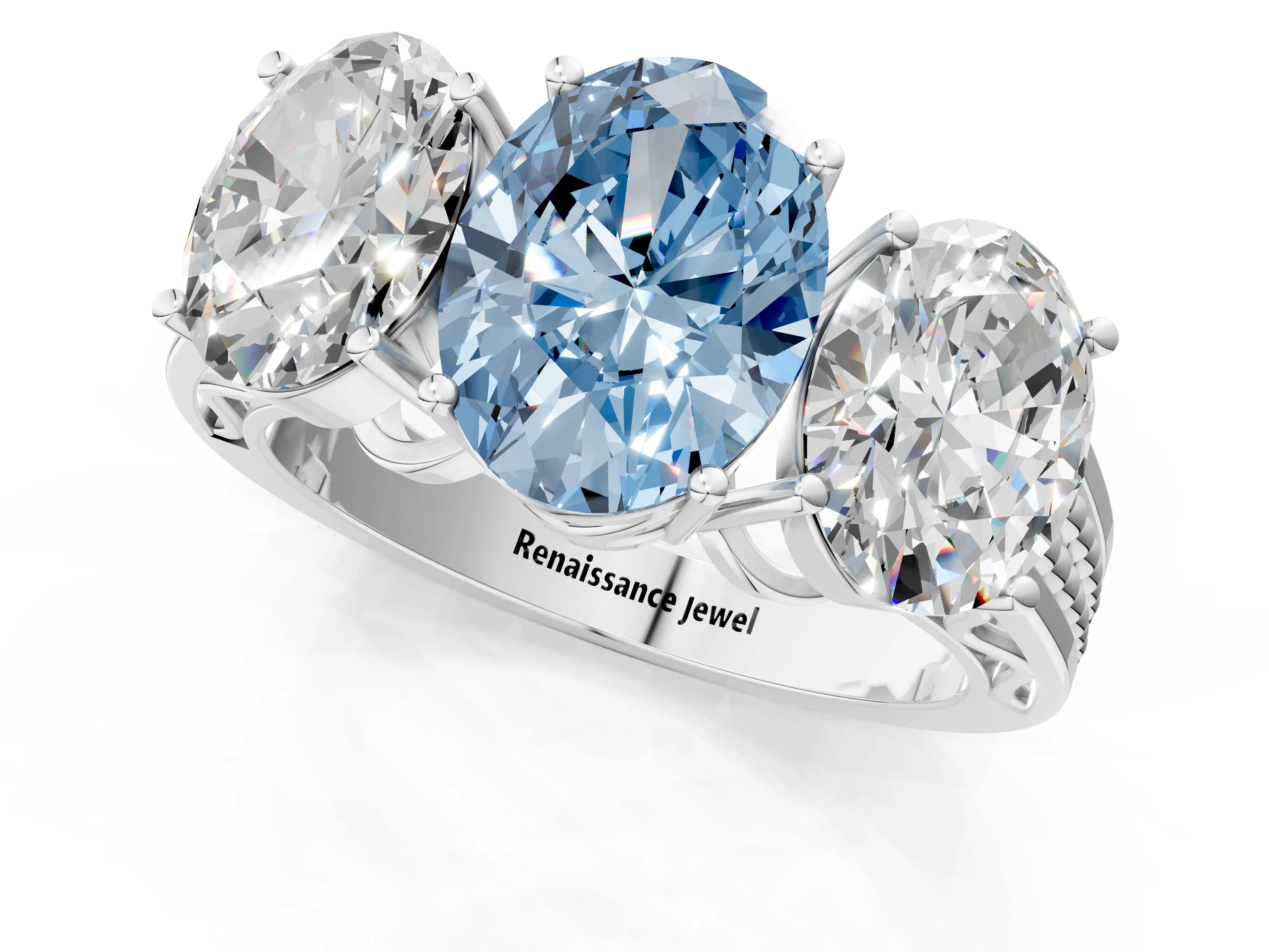 White gold Fancy Blue Oval Cut Diamond Three-Stone Ring with Prong Setting and Textured Band_13