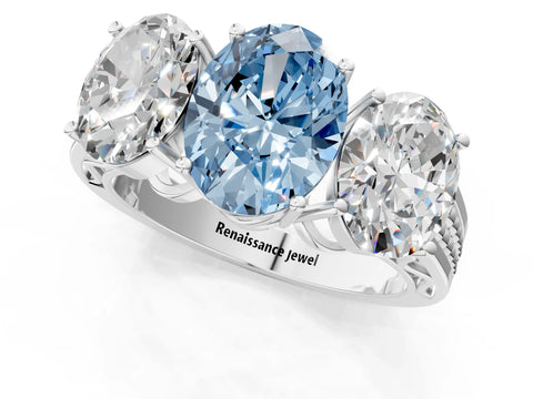 White gold Fancy Blue Oval Cut Diamond Three-Stone Ring with Prong Setting and Textured Band_13