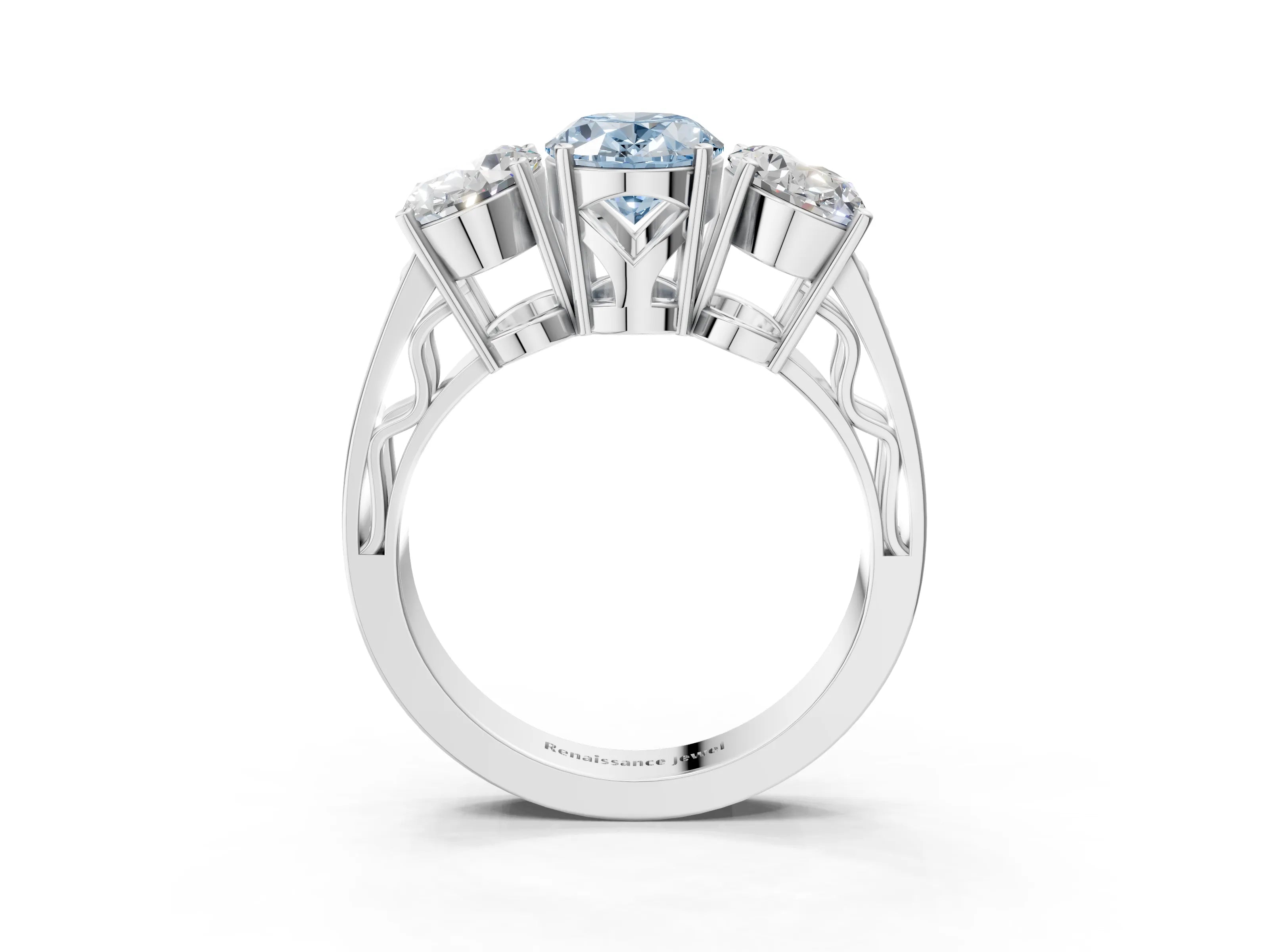 White gold Fancy Blue Oval Cut Diamond Three-Stone Ring with Prong Setting and Textured Band_15