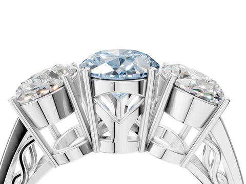 White gold Fancy Blue Oval Cut Diamond Three-Stone Ring with Prong Setting and Textured Band_16