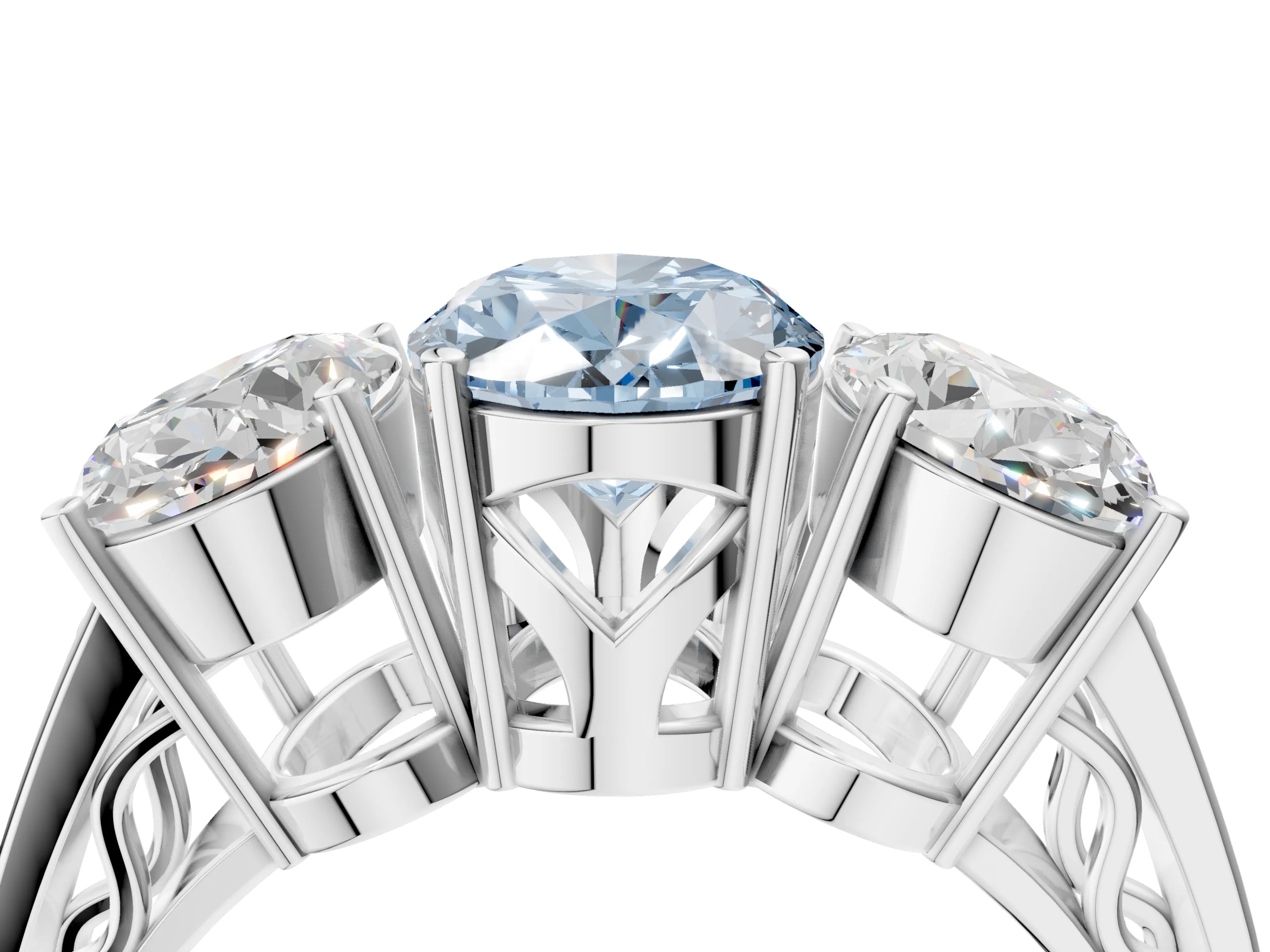 White gold Fancy Blue Oval Cut Diamond Three-Stone Ring with Prong Setting and Textured Band_16