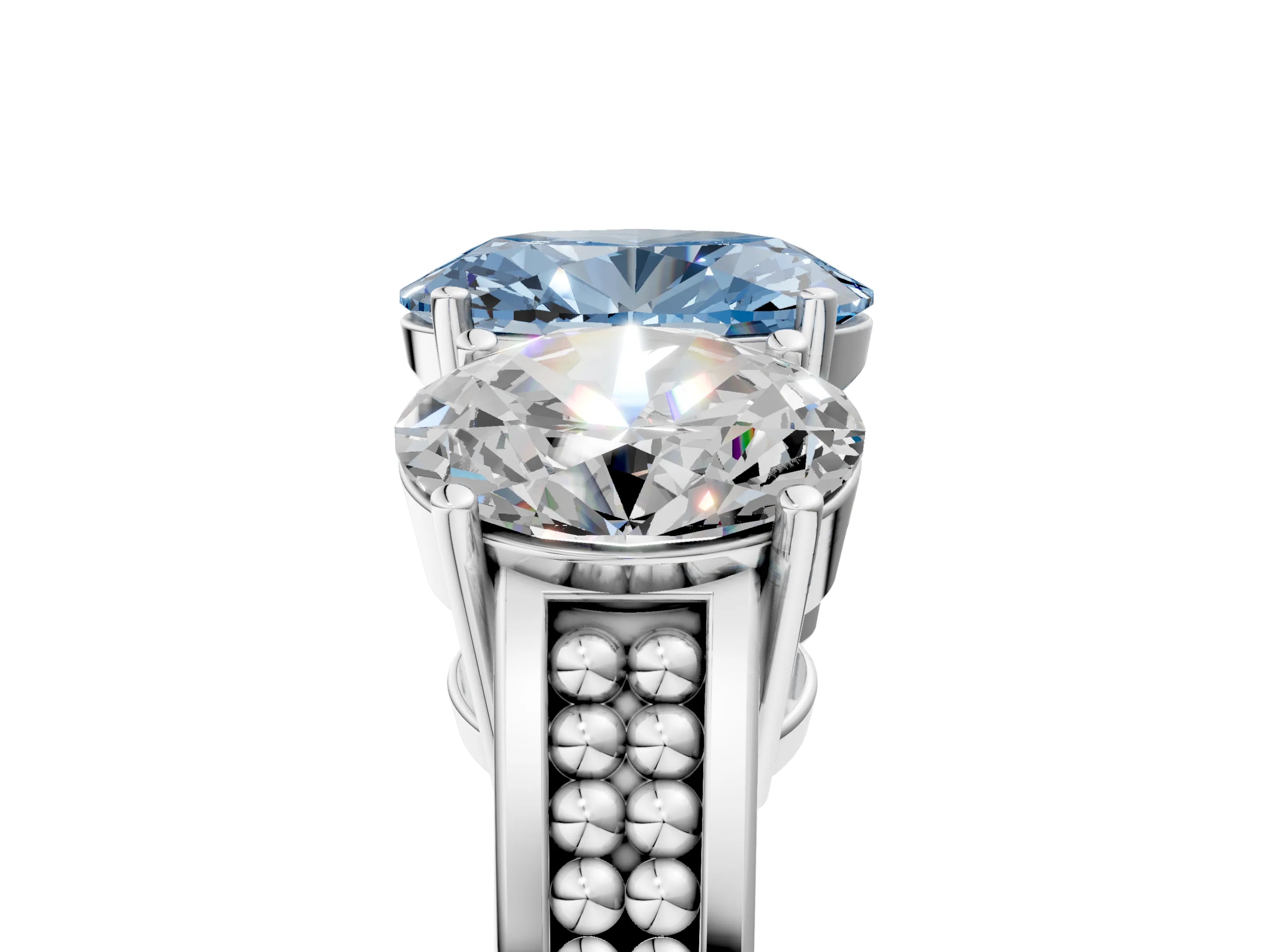 White gold Fancy Blue Oval Cut Diamond Three-Stone Ring with Prong Setting and Textured Band_17