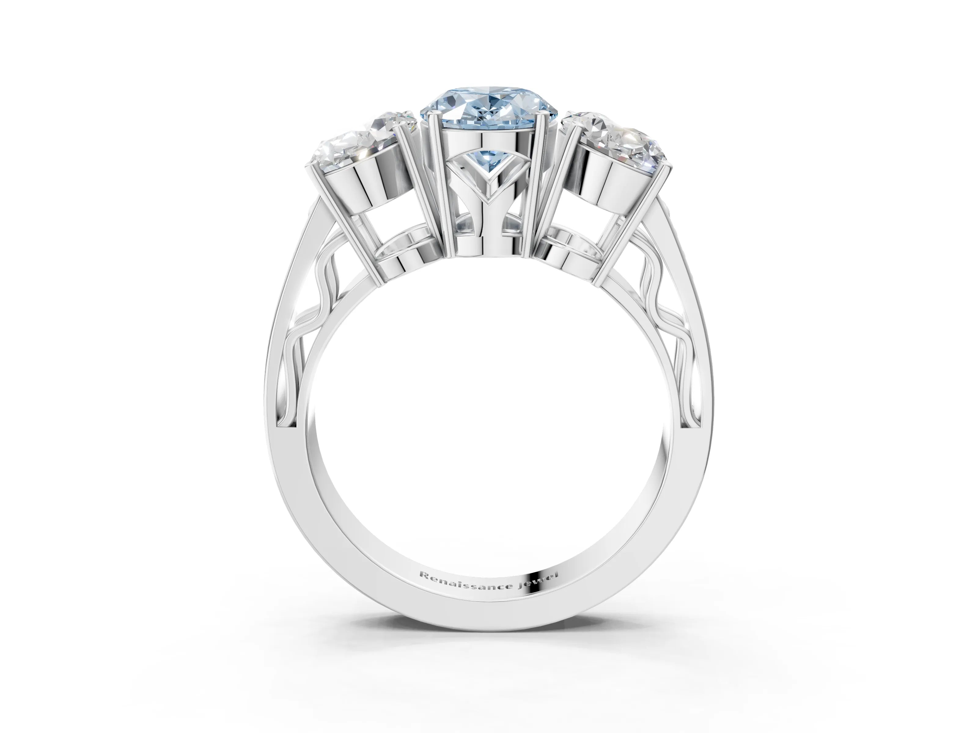 White gold Fancy Blue Oval Cut Diamond Three-Stone Ring with Prong Setting and Textured Band_3