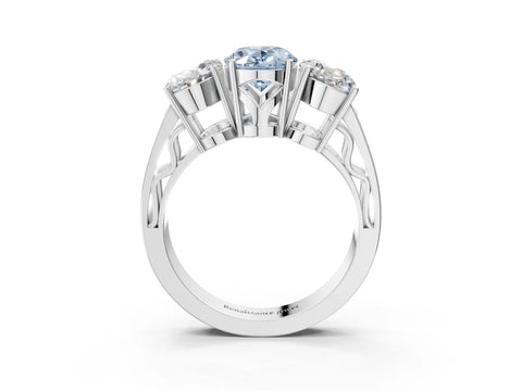 White gold Fancy Blue Oval Cut Diamond Three-Stone Ring with Prong Setting and Textured Band_3